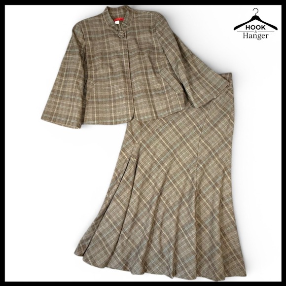 Tapemeasure Plaid Swing Jacket Flared Midi Skirt Suit Set 10 Academia Brown 40s - Picture 2 of 16